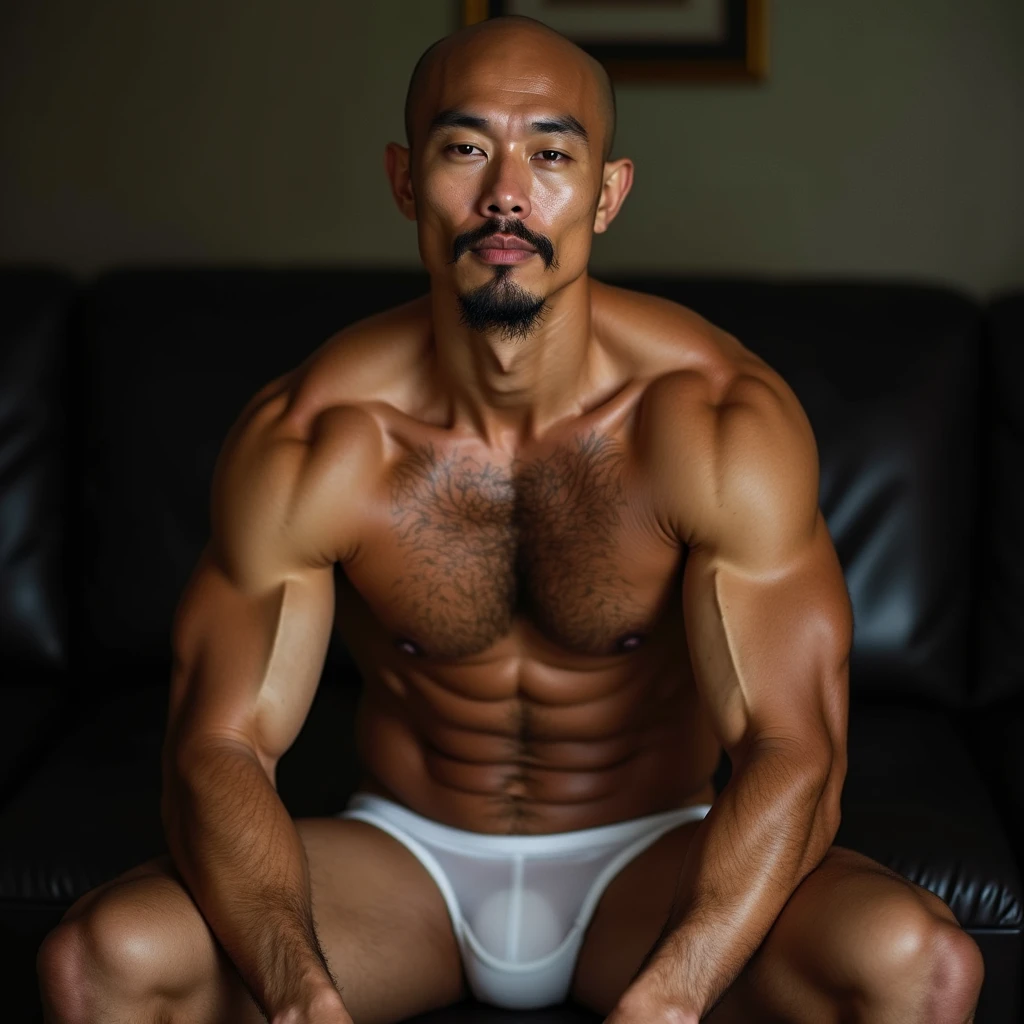 40 years old,Hidetoshi Nakata,(Kogoro Mori 1.3),Oriental face,whole body,Lean,muscle,Sitting,Legs open,White socks,Baldhead ,transparent,Thick body hair,White lingerie,Topless,Densely hairy,Fortitude,HD,With a mustache