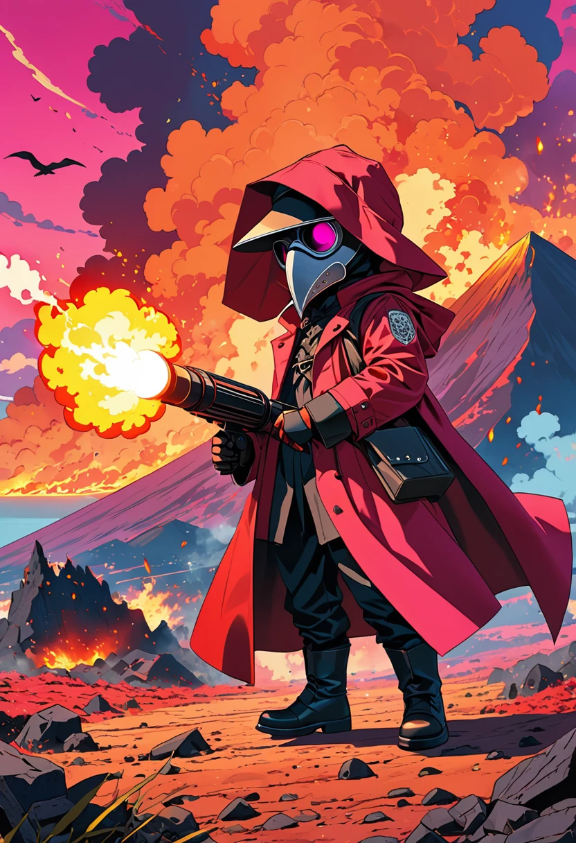 (masterpiece, best quality:1.1), (ultra highres, ultra-detailed:1.2),pop-art style,flatcolor, (Flames are coming out of the flamethrower),(in front of the volcano), BREAK chibi-boy,((wearing plague-doctor costume,plague-doctor mask)),eyes glow magenta,red hood,red lab-coat, mecha arm,dynamic angle,flamethrower