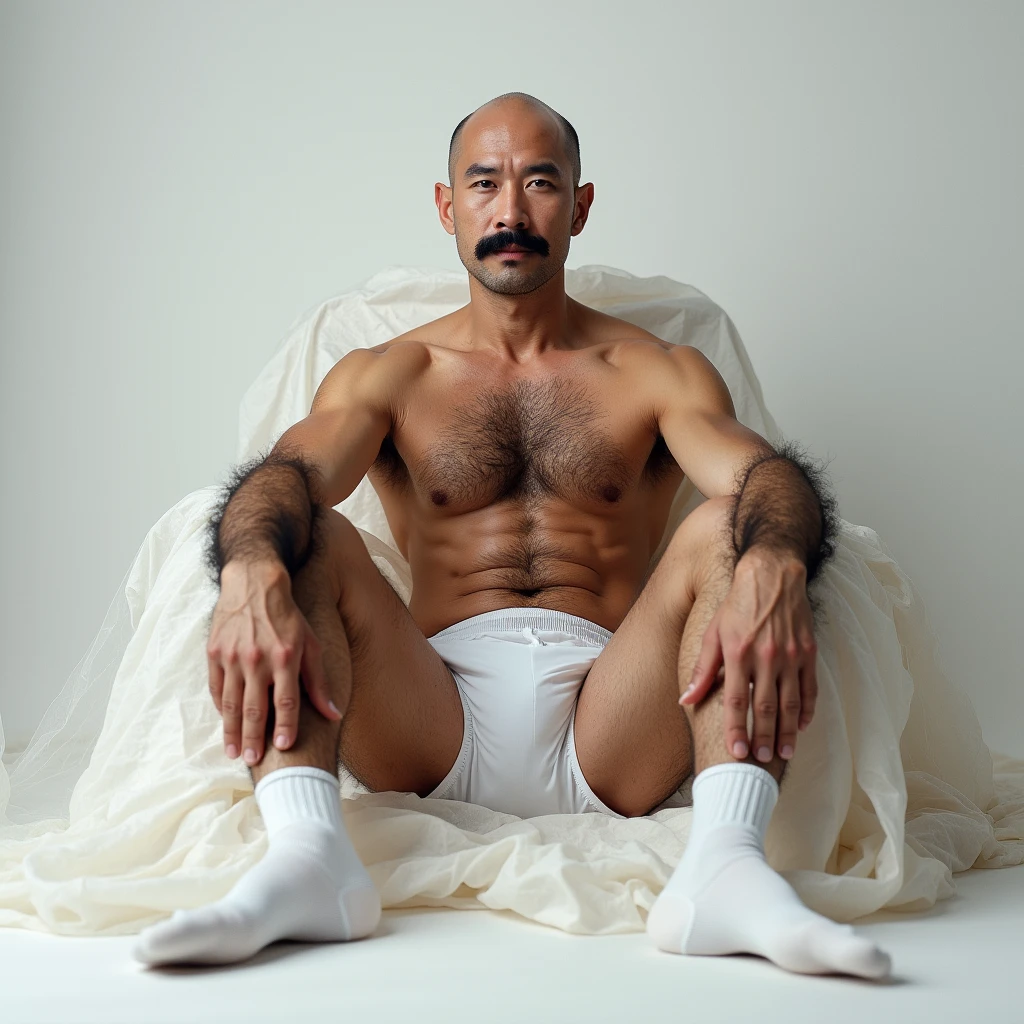 40 years old，Hidetoshi Nakata，（Kogoro Mori 1.3），Oriental face，whole body，Lean，muscle，Sitting，Legs open，White socks，Baldhead ，transparent，Thick body hair，White lingerie，Topless，Densely hairy，Fortitude，HD，With a mustache