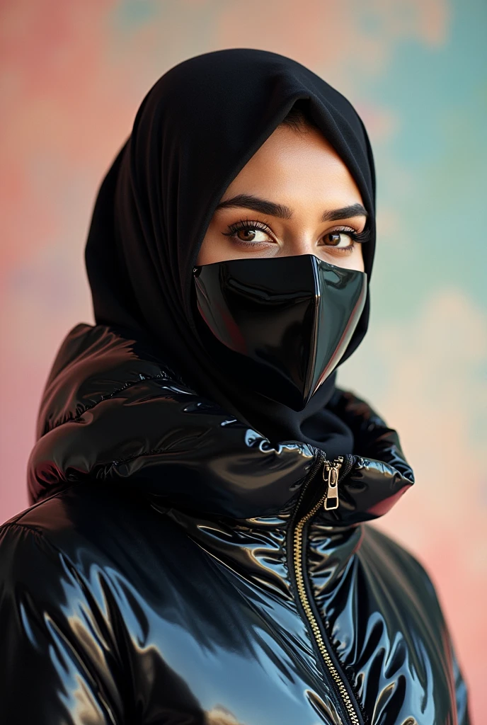 close up beautiful 30 year old hot girl.
She wears a very shiny plastic hijab on her head.
with a very shiny black plastic mask on his face.
wearing a long shiny plastic puffer jacket.
she wears a long traditional Arabic Caftan dress made of very shiny plastic.