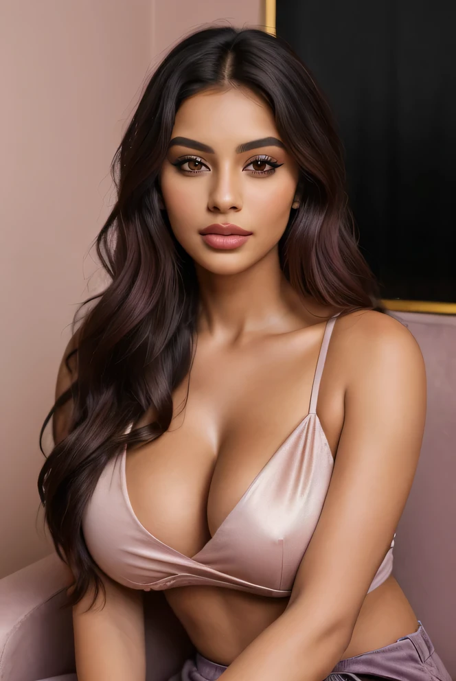"Create an ultra-realistic image of a modern, attractive female influencer of Indian descent, aged between 27 to 30. She should have a warm and inviting smile, expressive almond-shaped eyes with a slight shimmer, and clear, glowing skin with a medium brown complexion. Her features should be well-defined, with high cheekbones and a sharp jawline. Her hair should be long, thick, and wavy, with a natural shine and bounce, styled in loose waves with a golden headband. Her hair color is a deep, reddish-purple hue that’s bold yet sophisticated. She should have a slender yet athletic build, (((full size visible cleavage))), with an emphasis on her chest, featuring gigantic ((breasts (plump: 1.0))). A highly detailed and realistic portrait of a woman sitting on a purple couch in a softly lit room. She has long, straight brown hair and is wearing a form-fitting white top with a deep V-neckline. The background is a soft pink wall that complements her outfit. The lighting is natural, enhancing the softness of the scene and adding a warm, intimate atmosphere. The focus is on her calm and confident expression, with attention to the texture and flow of the fabric in her top.