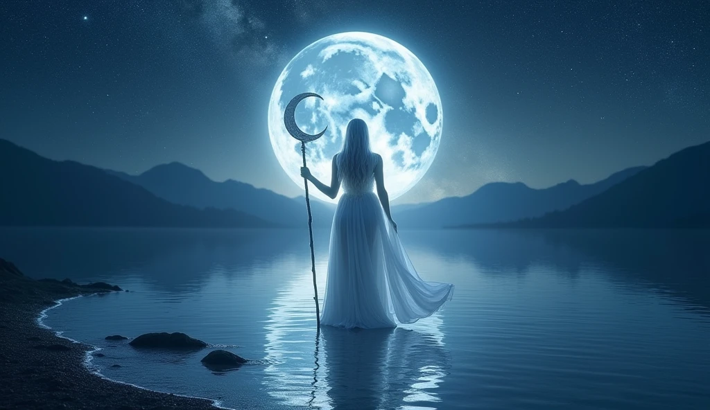 A stunning moon goddess with flowing silver hair that glows softly in the moonlight. She stands gracefully on a serene, moonlit lake, her elegant gown shimmering like the night sky. Her eyes are filled with wisdom and allure, and she holds a glowing crescent-shaped staff that radiates a calming, ethereal light. The scene is tranquil, with gentle waves and a starry sky reflected in the water. Aim for realistic depiction, make sure photos are at highest resolution (8K)