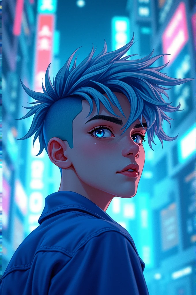 Male, active, hair has 2 colors blue and white, blue shirt, left eye is blue, right eye is red, blue and white theme