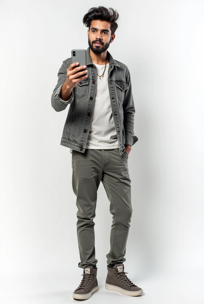 A handsome 20 years old indian boy , taking selfie, white background , simple pose , rough dry face skin , full body view , modern dress  , little beard and moustache 