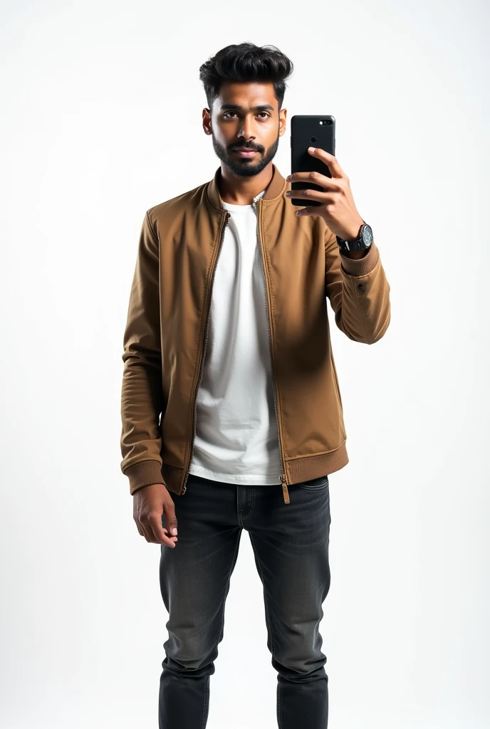 A handsome 20 years old indian boy , taking selfie, white background , simple pose , rough dry face skin , full body view , modern dress , little beard and moustache