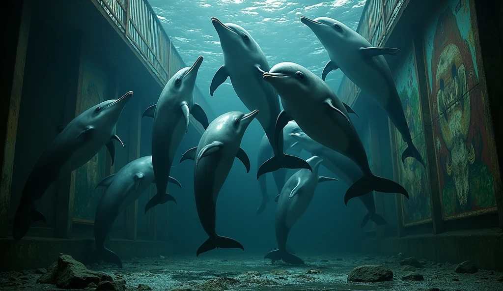 10 dolphins screaming in a cage, Horror
