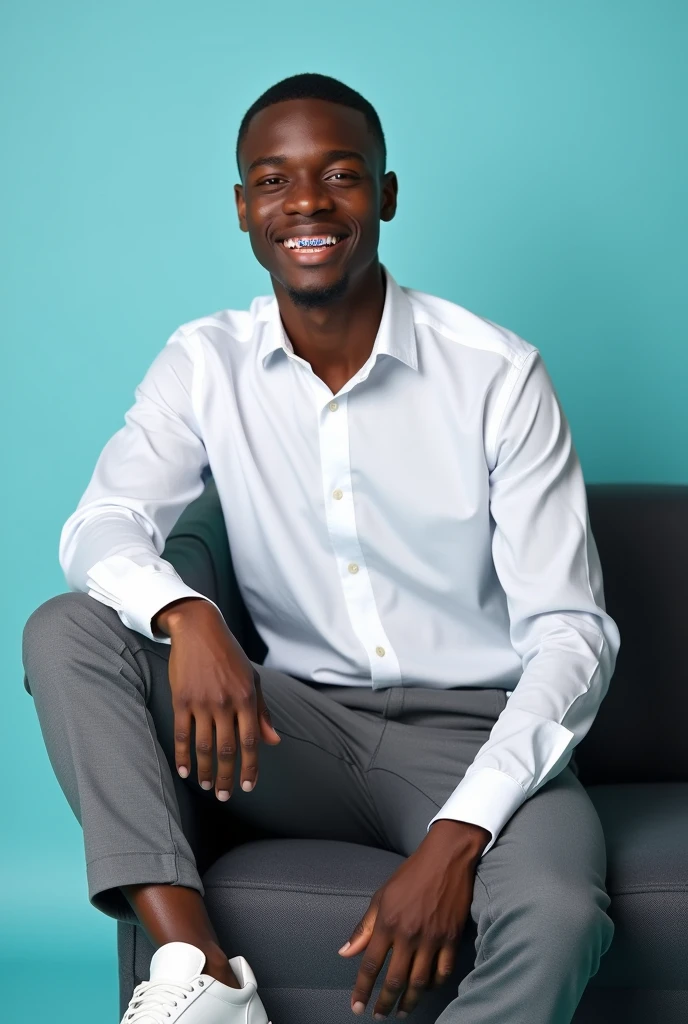 best qualityer:1.4), (ultra high resolution:1.2), (photorrealistic:1.4), (8k, CRU photo:1.2), a thin young man of 20 years old, skin black, with a smooth, beardless face, corte de cabelo buzzcurt. He is wearing a white button-down shirt. He is wearing a navy blue bow tie. He is wearing gray dress pants and white sneakers.. He is sitting on the gray sofa. It's in a photography studio with a baby blue background.. is smiling. He has braces on his teeth with a navy blue rubber band