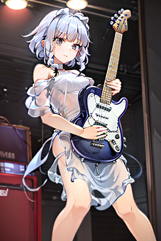 Tall, beautiful girl with short silver hair, playing electric guitar, light blue off-the-shoulder see-through knit, white tight long skirt with deep slit in the front, red high-heeled sandals, black bra, tiny tits, small breasts, flat chest, from below, mole near mouth, red hair clip, live house, from the front, from below, Guitar, flat chest flat tits