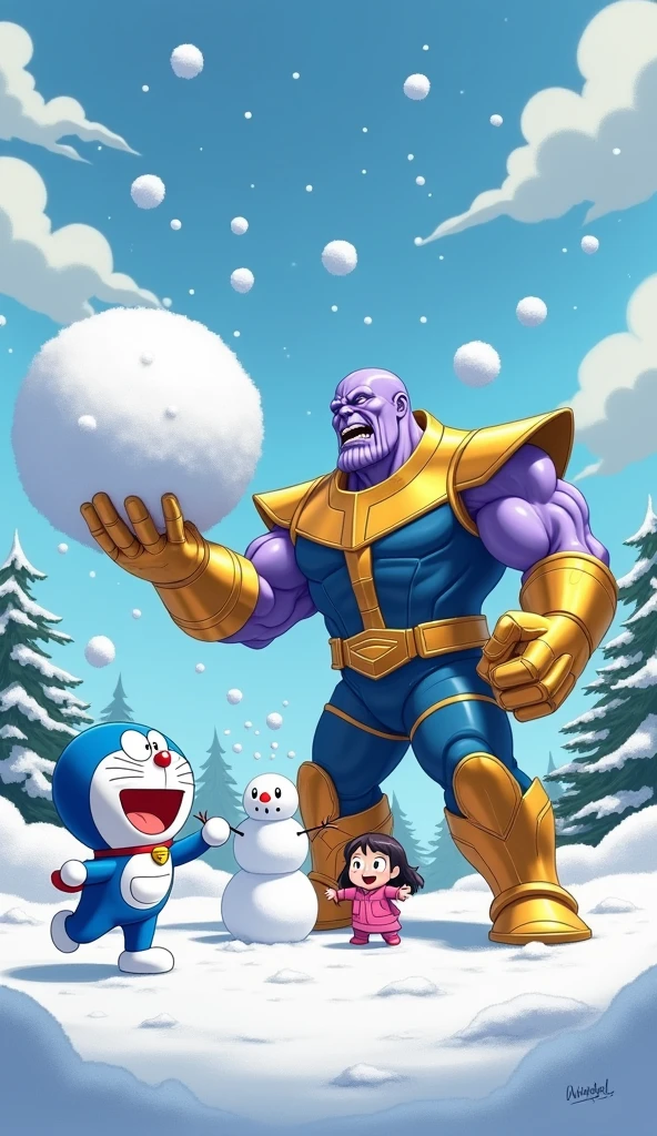 Thanos playing in the snow with the Doraemon family