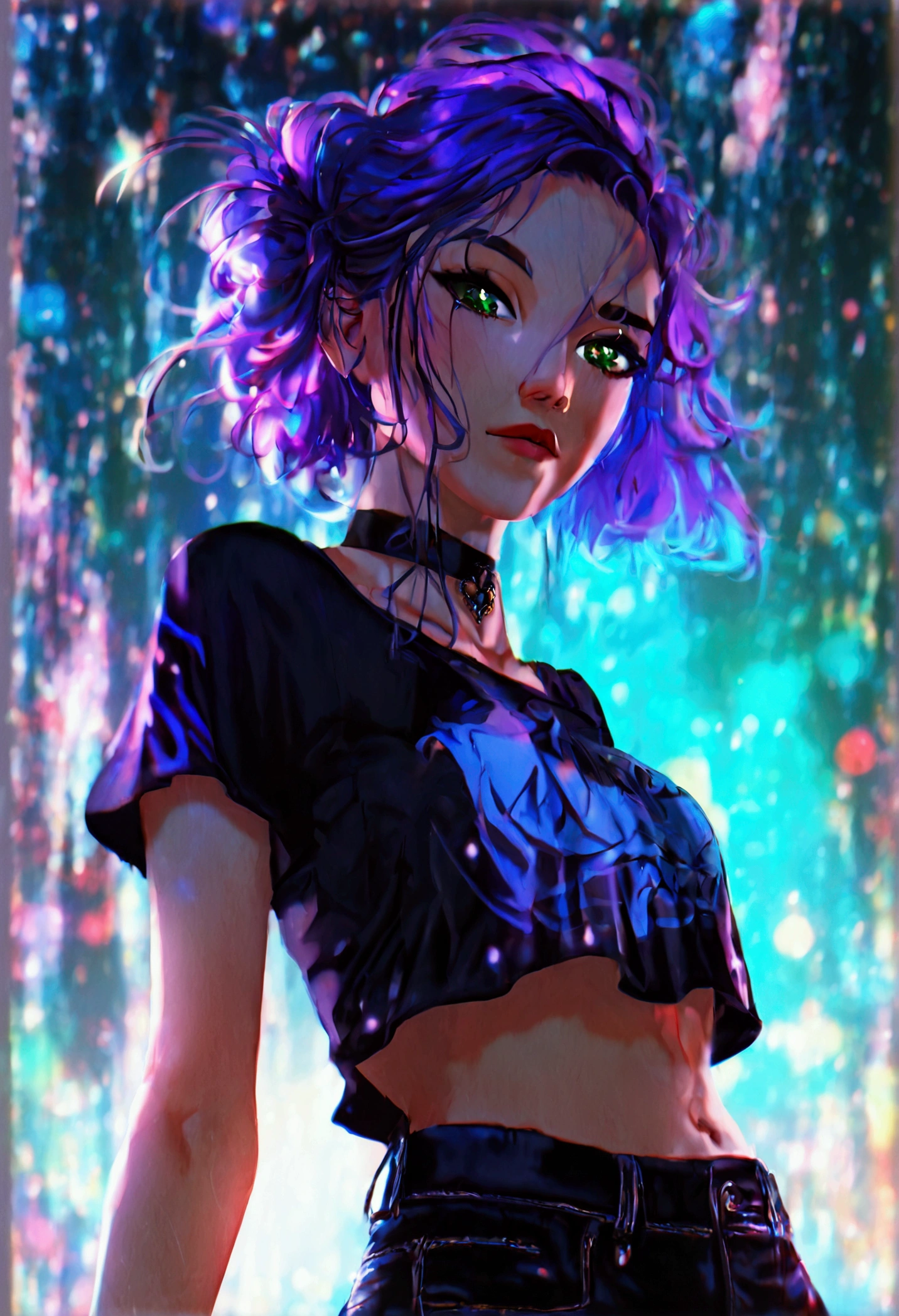 ((Best quality)) ((best detail)) ((high quality background))1 girl, purple hair, black eyeliner, Emerald eyes, black choker, black T-shirt, black denim shorts, black stockings, shows ass