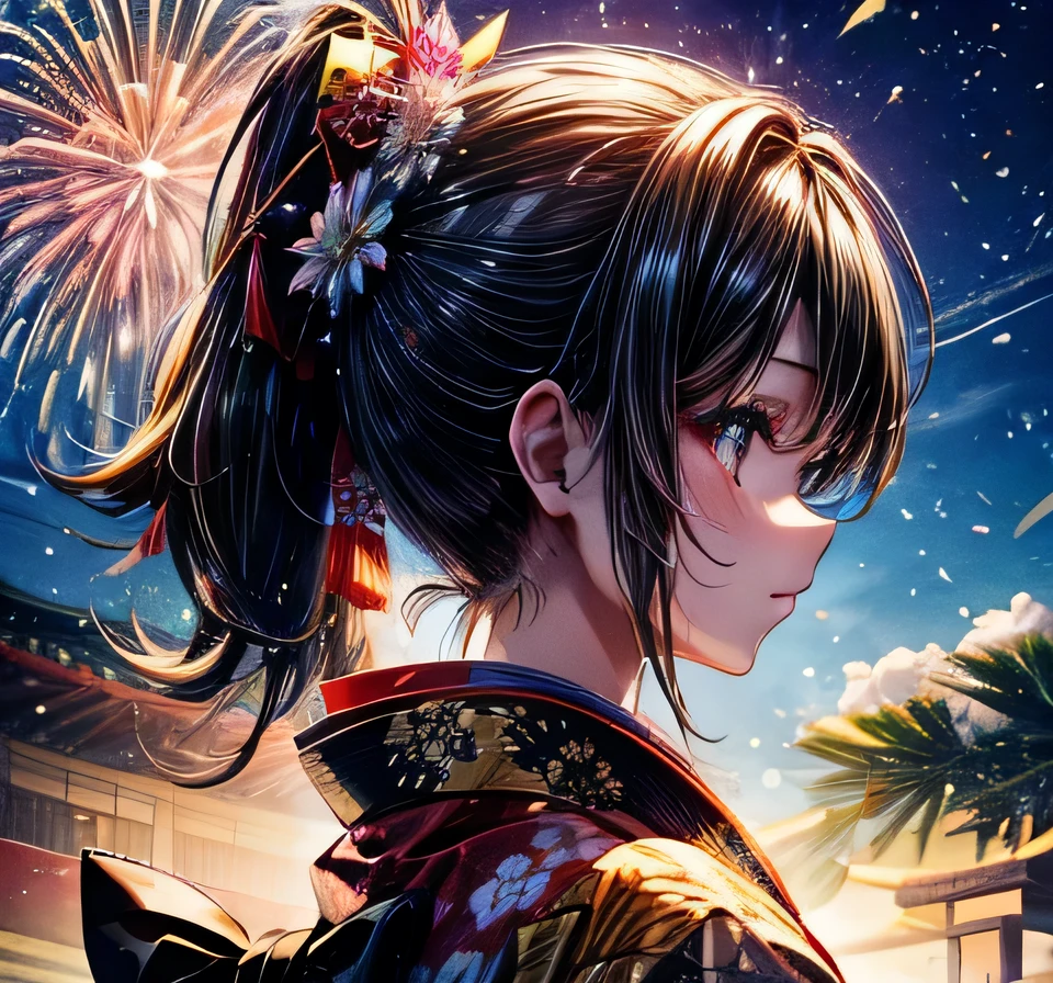 Fireworks in summer　High-end kimono　beautiful girl　Black Hair　ponytail　Festivals