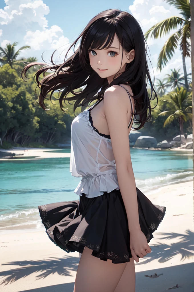 Very cute and beautiful,(Very detailed美しい顔),camisole,Cute frilled petticoat,
(smile),Happy,View your audience,Black Hair,Cowboy Shot,Leg Details,Beach,Tropical Resort,
(Highest quality,masterpiece),Absurd,High resolution,Very detailed,Very detailed,32K,8k resolution,
Intricate details,Movie Scenes,Detailed Background,alone,Dynamic Angle,
Natural light,Hair blowing in the wind,Beautifully detailed skies,Realistic,