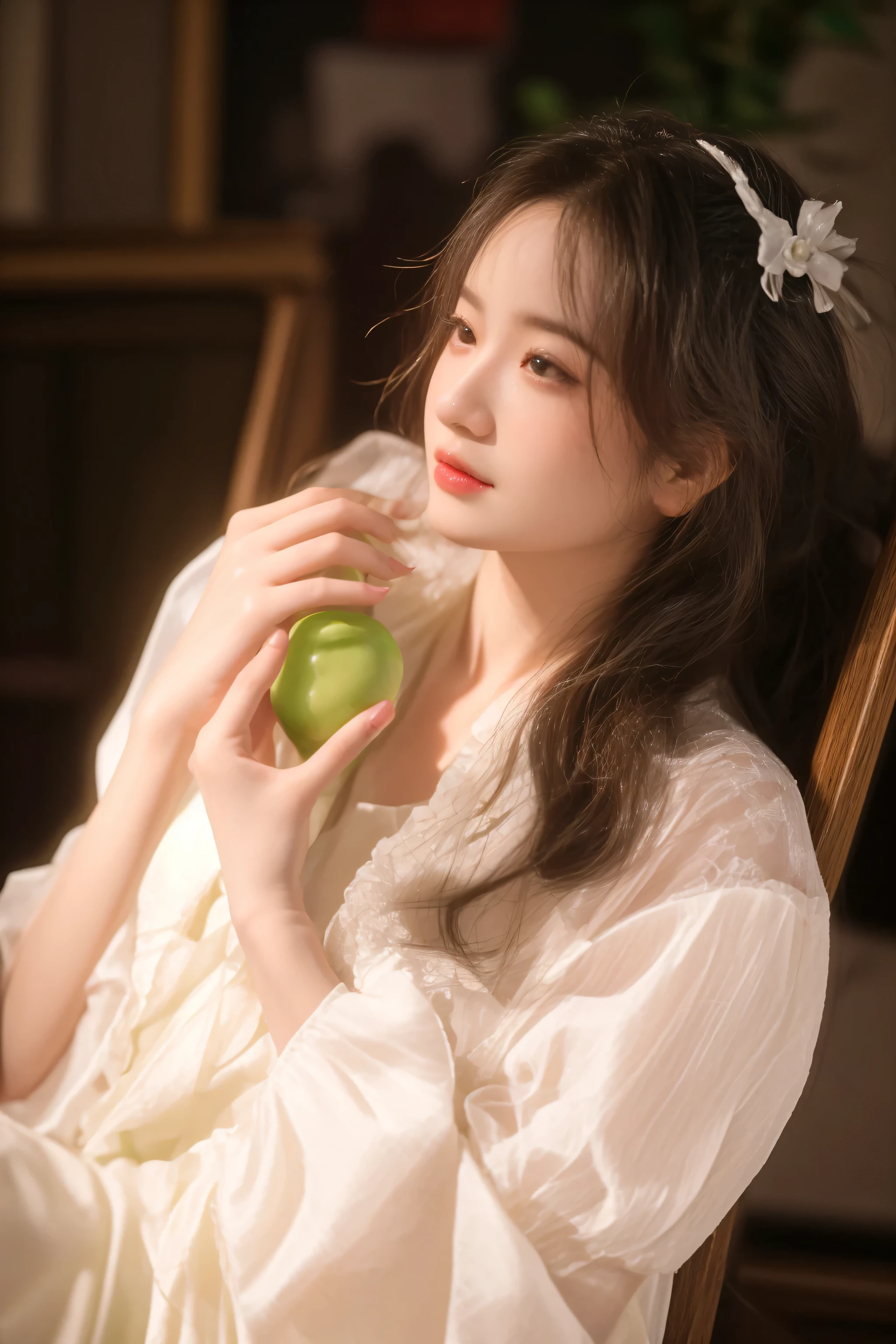 there is a woman sitting in a chair eating a green apple, palace , a girl in hanfu, inspired by Huang Ji, inspired by Zhang Yin, ethereal beauty, sha xi, she holds a glass of wine, inspired by Tang Yifen, inspired by Zhang Yan, jia, portrait shot, in the art style of bowater, soft portrait shot 8 k