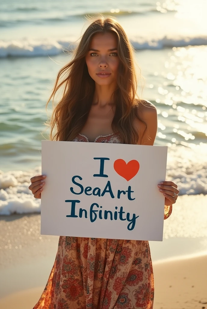 Beautiful girl with wavy long hair, bohemian dress, holding a white board with text "I Love Seaart Infinity" and showing it to the viewer