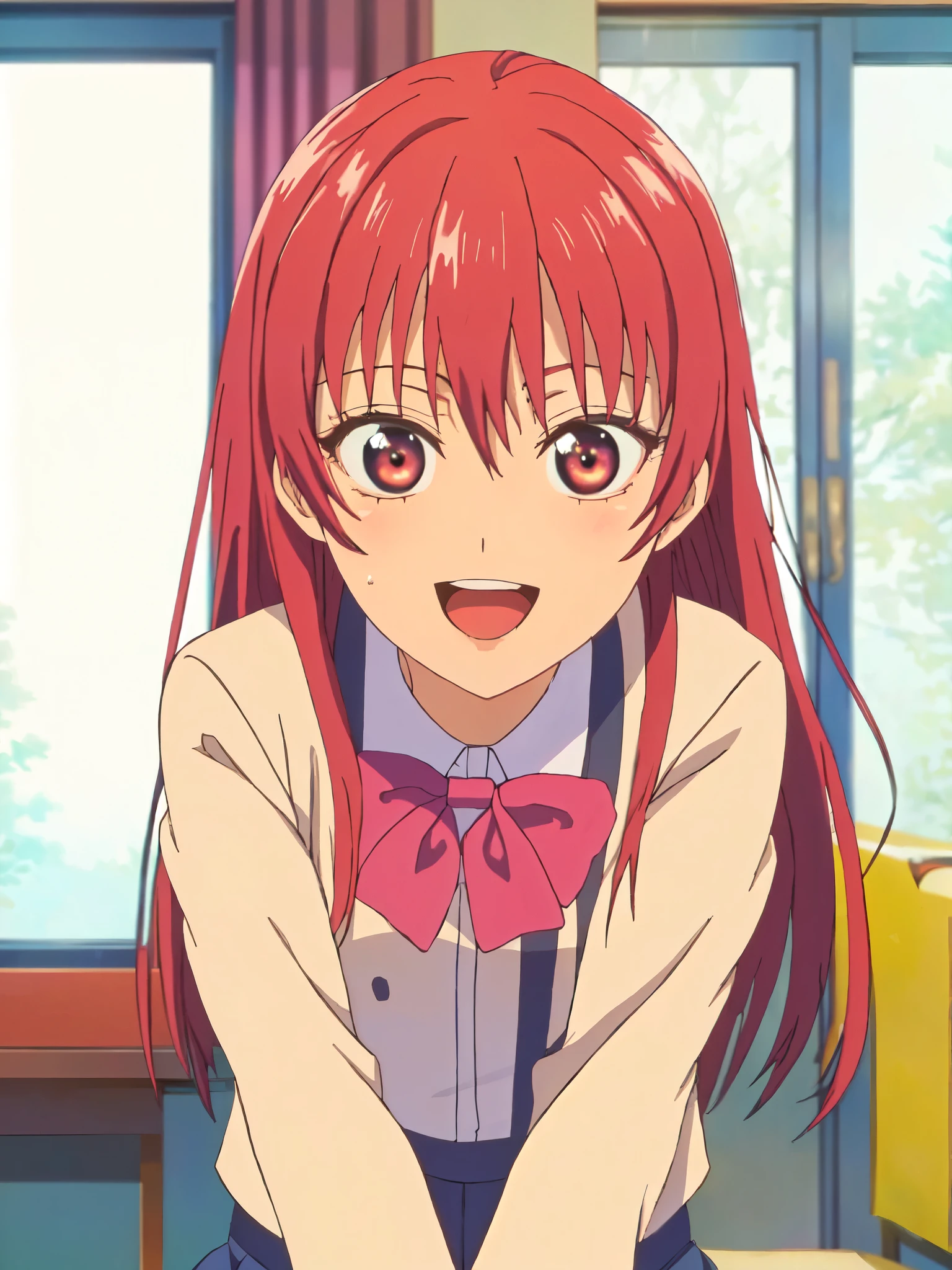((((masterpiece、Highest quality、High resolution)、anime:1.2)))、Pink hair、Beautiful with a small chest、(Dynamic pose)、looking at the camera、(Beautiful detailed face、Beautiful big eyes)、((One beautiful person))、Good sensitivity、((Sexy pose))、((A big smile))、Red cheeks、Spread your legs、Wear a blazer uniform、Wear a short navy blue skirt、sitting at desk in white school classroom、Arms folded behind back、Angle from below、White short socks、White shorts are visible