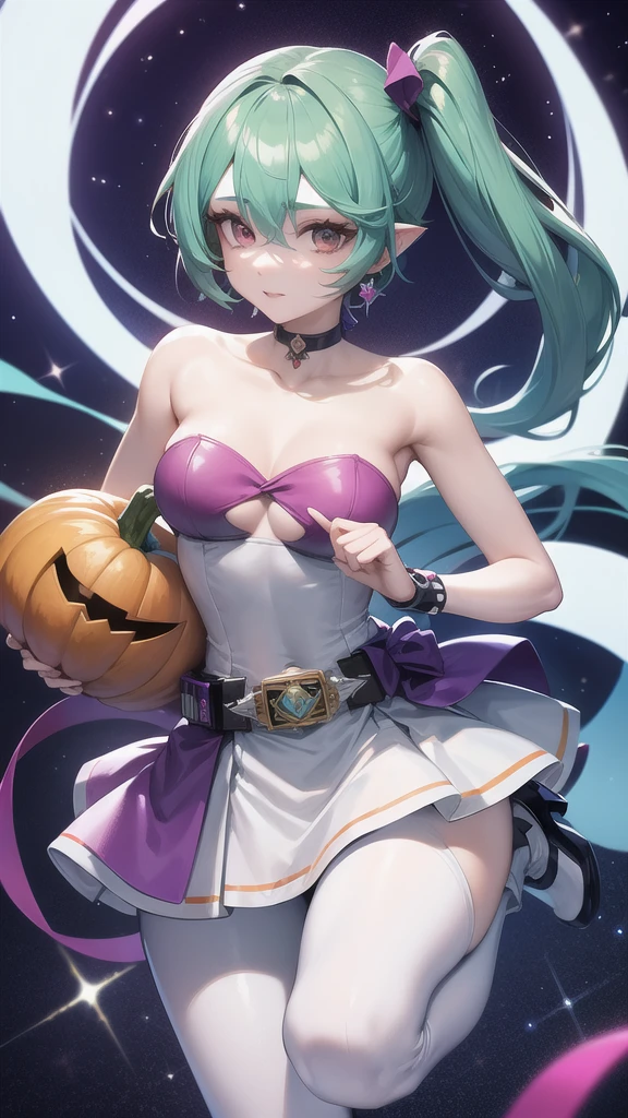 masterpiece, Highest quality, One person, alone, Cure Supreme, Light blue-green hair, Magenta hair tips,Mysterious white ears,A pale green and white strapless dress,Light blue, pale green and white pumpkin pants,White arm cover,White tights,white short boots,Rainbow-colored stripe on chest,Magical girl, White choker, jewelry, Two Side Up, Belt with white cage,Kamen Rider Zane
