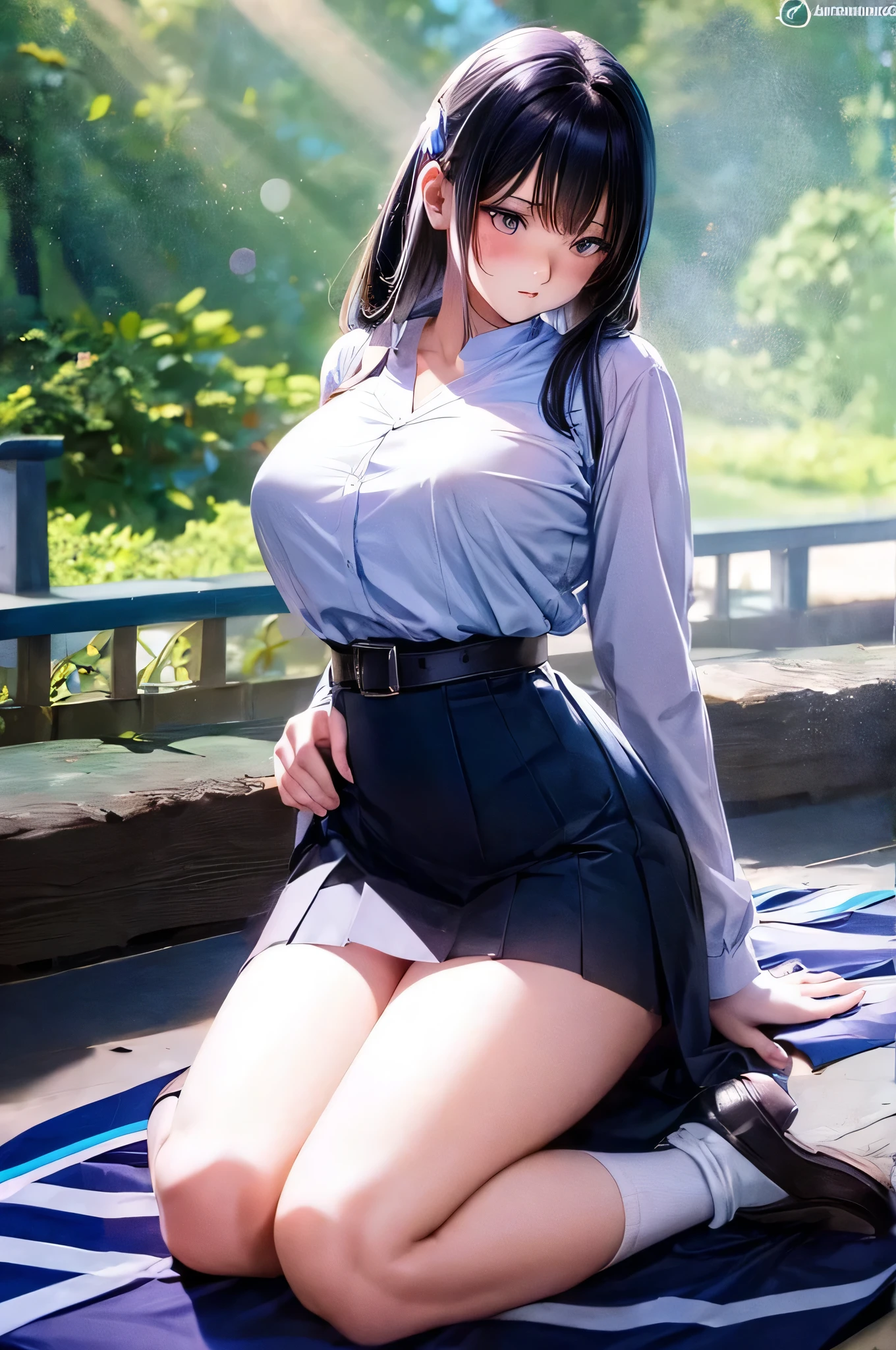 Anime girl in a medieval fantasy world, medieval, long black hair, with a half-body view., A small, tight, white Thai schoolgirl uniform that clearly reveals her large breasts, and a short blue skirt that almost reveals her insides.showing white skin, {{{Big Breasts}}}, good figure showing off curves, kneeling on the bed, leaning forward until the chest proportions are visible under the dress {{{both arms tightly folded under the chest}}} Personal camera angle Embarrassed face Renaissance, anime style, drop shadow, anatomically correct, best quality, UHD, masterpiece, anatomically correct, best quality