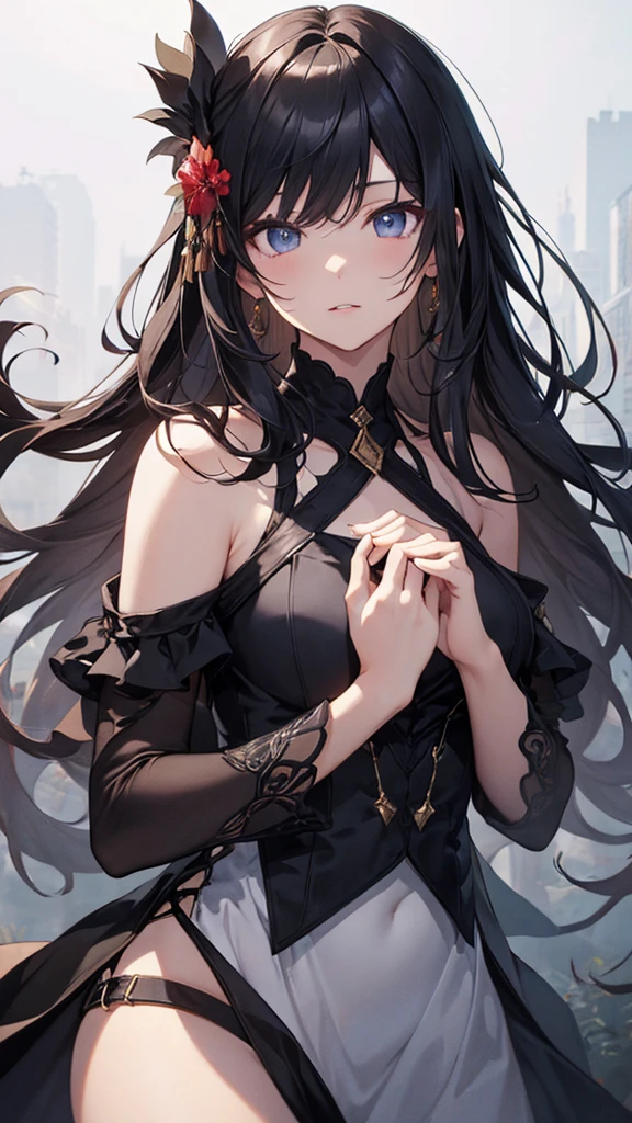 masterpiece、Highest quality、High resolution、High-quality images、8k, 、Skin Radiance、Texture of skin and clothing、Expression of fine eyes、Black Hair、Long Hair Girl、dress, 美Shii明るい赤い目, Fuller lips, Gorgeous face with attention to detail, Rin々Shii, charm, (Perfectly detailed face), (美Shii手) Photorealistic images, Written boundary depth, Lightly wavy hair