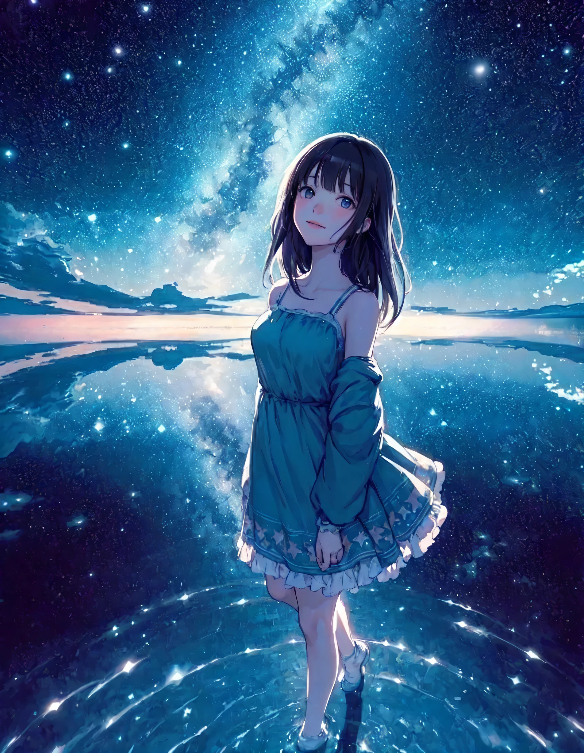 1lady solo, (looking up), (calm outfit), (mature female:0.8), /(black hair/) bangs, light smile, (masterpiece best quality:1.2) delicate illustration ultra-detailed BREAK (Uyuni Salt Flat) outdoors, (starry sky) midnight, lake, (water surface reflecting countless stars), water ripples, soft lighting, detailed background