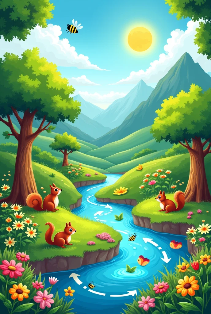 make a poster that illustrating saving the environment. The Cycle of Nature: Illustrate the interconnectedness of nature through a visual representation of the food chain, water cycle, or pollination. This demonstrates the delicate balance and the importance of preserving it.