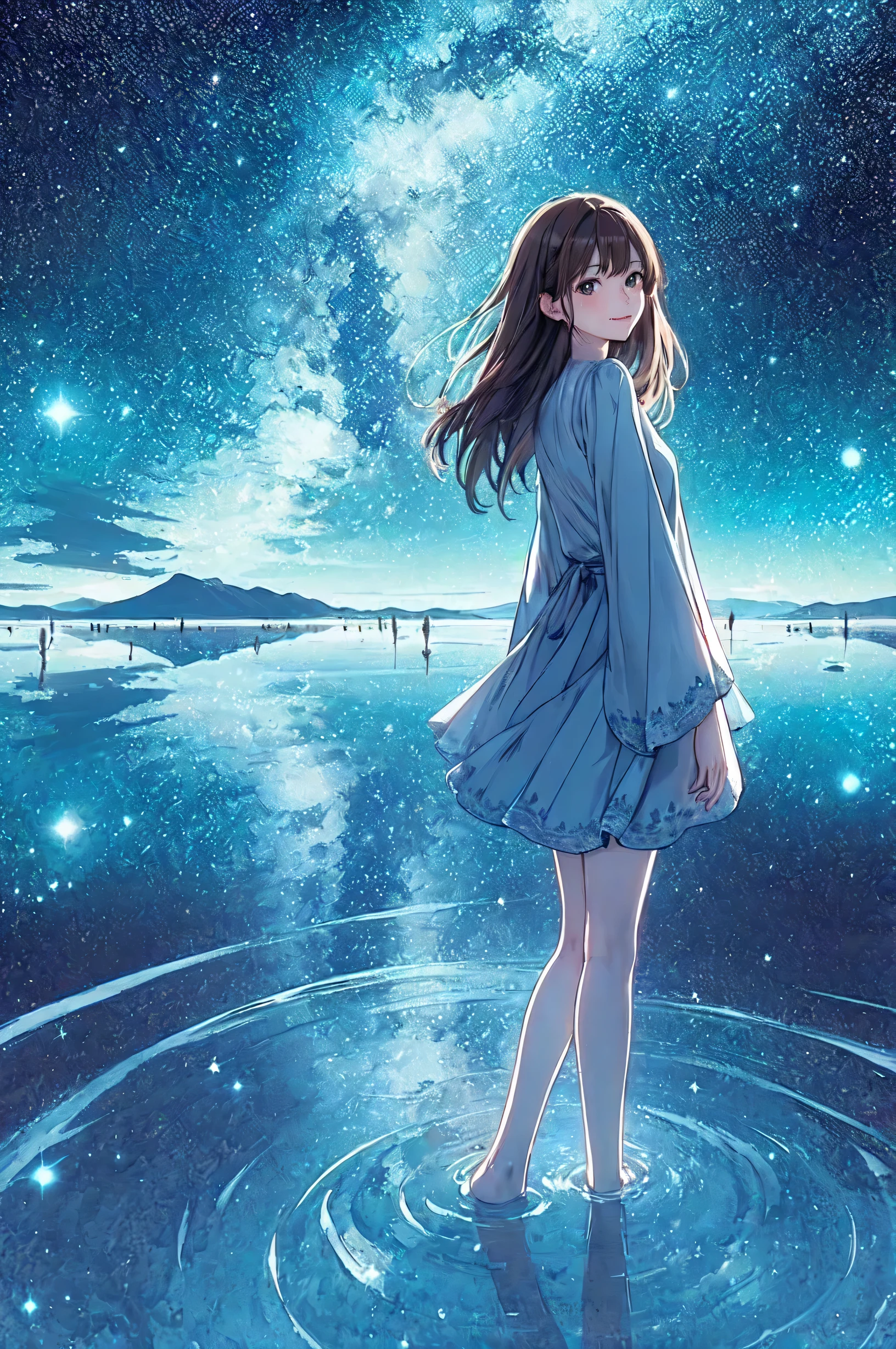 1lady solo, (from behind) (looking back), (calm outfit), (mature female:0.8), /(brown hair/) bangs, light smile, (masterpiece best quality:1.2) delicate illustration ultra-detailed BREAK (Uyuni Salt Flat) outdoors, (starry sky) midnight, lake, (water surface reflecting countless stars), water ripples, soft lighting, detailed background