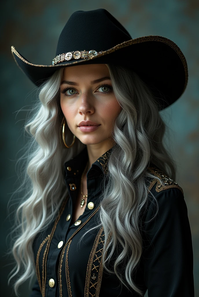 (Surrealist female portraits), (dark fantasy art: 1.6), Style David Hockney and Alphonse Mucha, Stunning realism, dynamic lighting, 4k resolution, very detailed facial features, awardwinning, cowboy shot, (uniforme oficial: 1.4), long gray hair, deep-shadows.