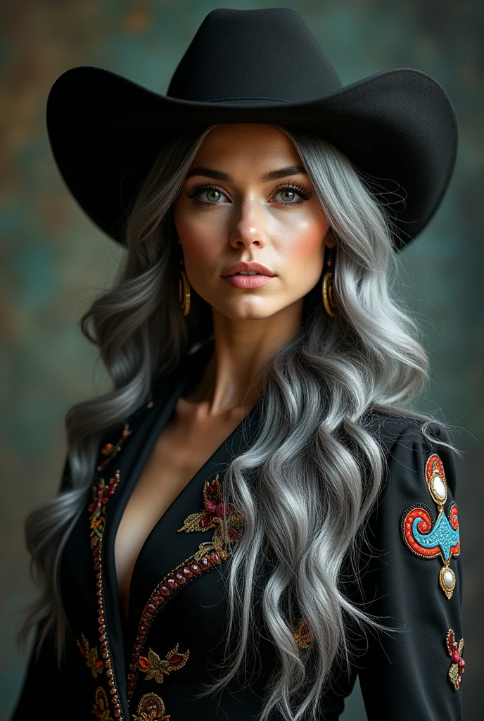 (Surrealist female portraits), (dark fantasy art: 1.6), Style David Hockney and Alphonse Mucha, Stunning realism, dynamic lighting, 4k resolution, very detailed facial features, awardwinning, cowboy shot, (uniforme oficial: 1.4), long gray hair, deep-shadows.