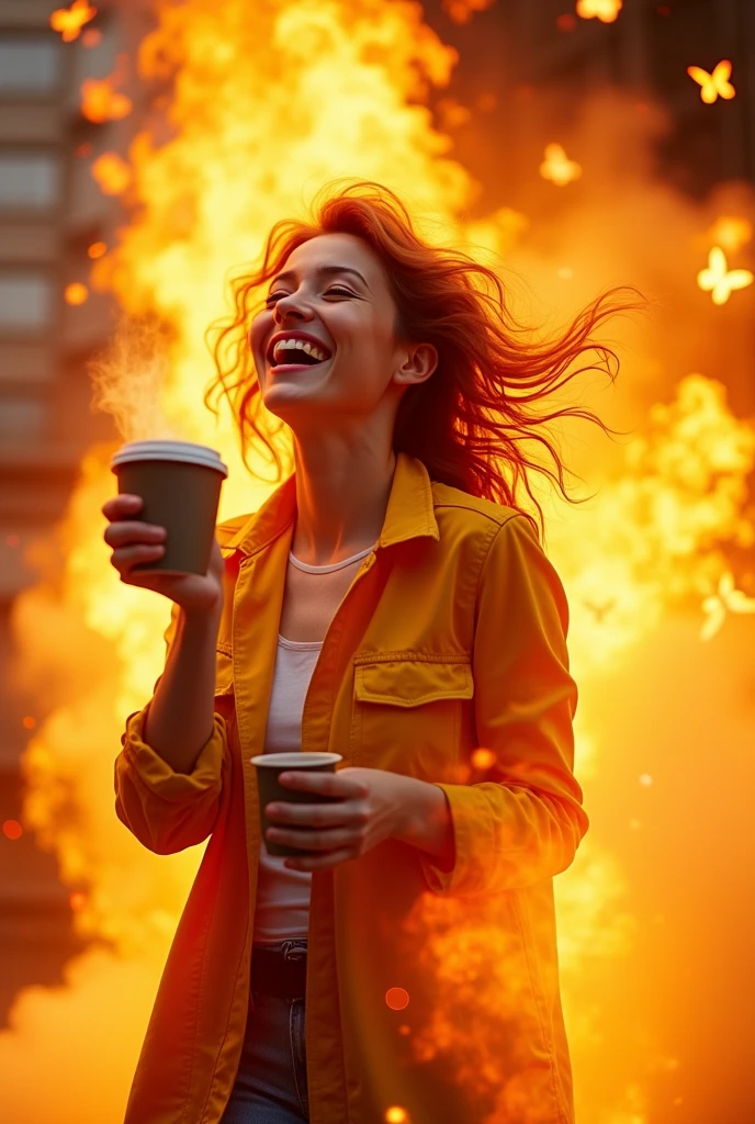 clearing! Here is the translation of the image description:
"An image, chamativa , colorful and cheerful of a happy woman on fire holding a cup of coffee . The woman is smiling, enjoying the moment, and there is a playful, surreal quality to the image. The scene is set , with warm tones, and the fire is animated and vibrant, adding a touch of fantasy to the scene."