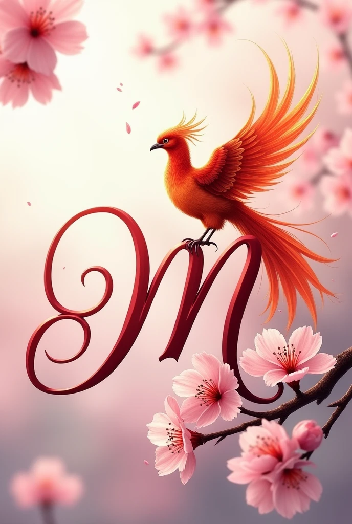 Elegant cursive uppercase letter M with cherry blossoms and phoenix bird on it