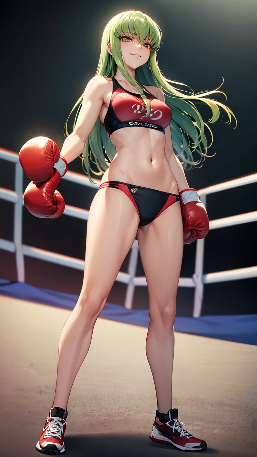 CC_Code Geass, Hair between the eyes, Very long hair 1 person, Separate Sportswear, bikini, Bright light, boxingリング, Smirking, alone, Full Body Shot, (masterpiece, Highest quality), 8k, Intricate details, from below,(boxing,Match), winner, Martial Arts,