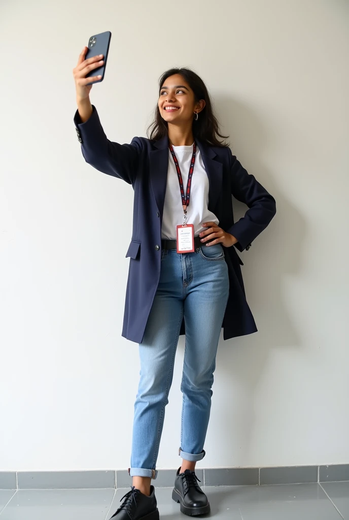 A cute 20 years old indian girl , taking selfie , rough dry face skin , sexy and hot , collage uniform with id card , full body view , white wall background 