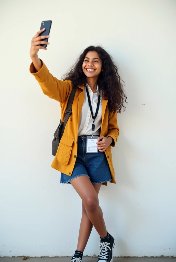 A cute 20 years old indian girl , taking selfie , rough dry face skin , sexy and hot , collage uniform with id card , full body view , white wall background 