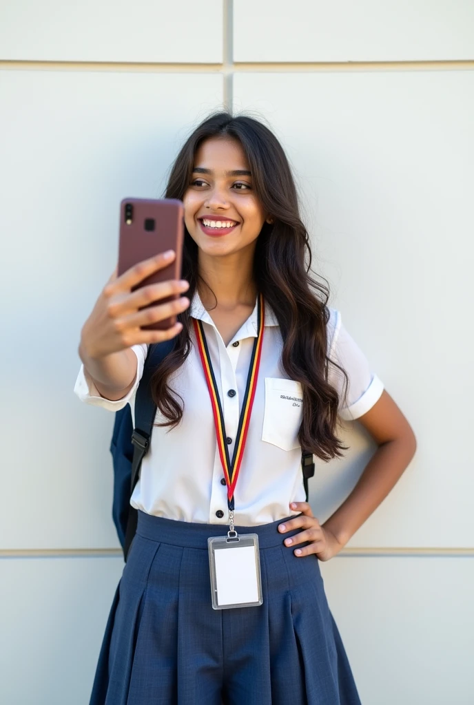 A cute 20 years old indian girl , taking selfie , rough dry face skin , sexy and hot , collage uniform with id card , full body view , white wall background