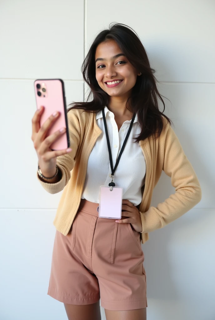 A cute 20 years old indian girl , taking selfie , rough dry face skin , sexy and hot , collage uniform with id card , full body view , white wall background 