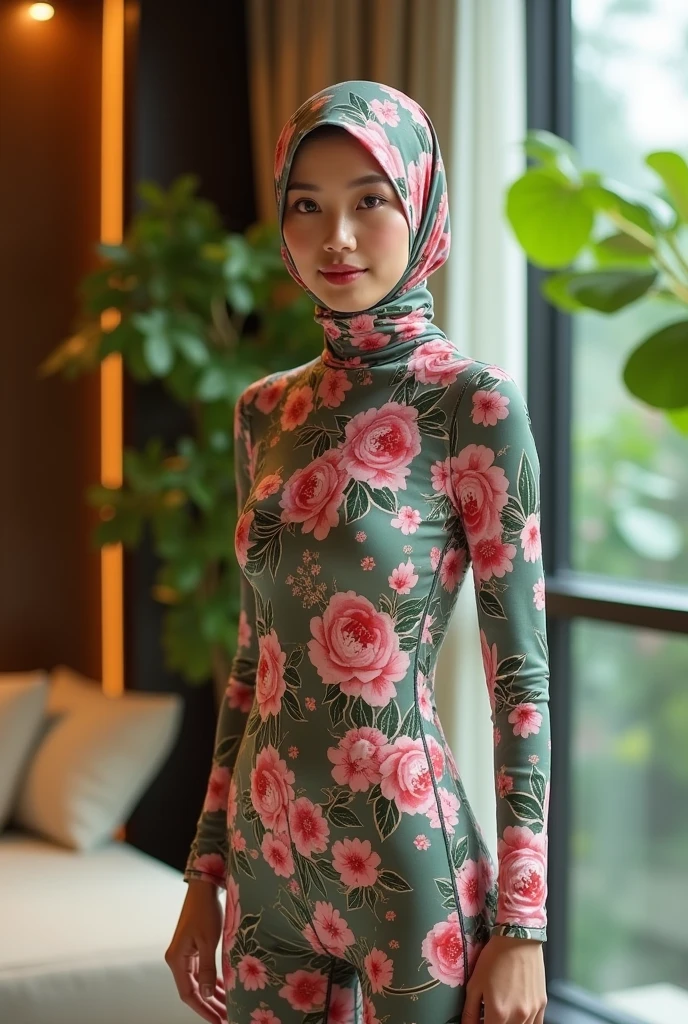 A beautiful and thin chinese adult girl wears floral print lycra turtleneck unitard catsuit and always wear floral print lycra hijab-like hood.She is at hotel.