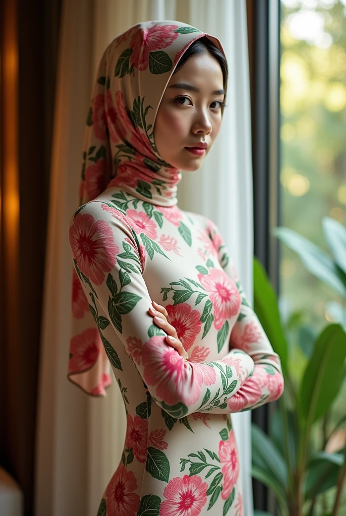 A beautiful and thin chinese adult girl wears floral print lycra turtleneck unitard catsuit and always wear floral print lycra hijab-like hood.She is at hotel.