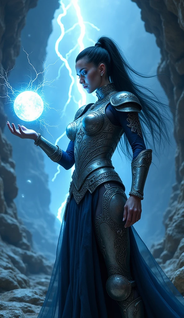 Aletta Ocean, angry evil beautiful and muscular, Nordic female, towering storm Giantess with blue black hair in a ponytail, older and mature woman, throwing a lightning ball, celtic glowing tattoos, wearing silver nordic steel runic plate mail Armour , temple cave background with lightning storm, glowing blue eyes, square jaw, powerful and imposing, winter clothing, pale blue purple skin, ((full plate silver celtic dragon armour)), nordic tattoos with bodybuilder physique