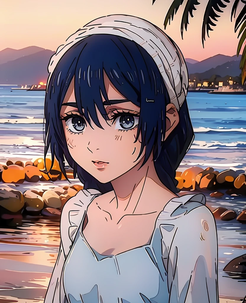 1girl,riko amanai,swimsuit,tight,wet,detailed face,beautiful detailed eyes,beautiful detailed lips,extremely detailed eyes and face,long eyelashes,slim figure,posing,outdoor setting,tropical beach,palm trees,sunset lighting,golden hour,vibrant colors,photorealistic,masterpiece,ultra-detailed,8k,realistic,professional photography