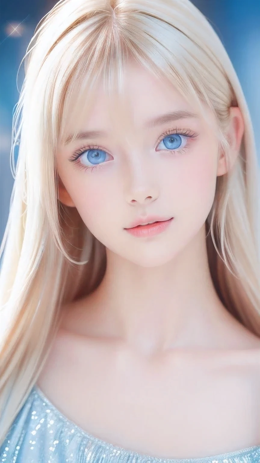 Beautiful white and shining skin、Blonde hair that changes color depending on the light、Bangs between eyes obstruct vision、Shiny highlights on the cheeks、Sexy, very beautiful, lovely, cute, gorgeous face、The most beautiful face in the world、super long and gorgeous blonde hair、Smooth straight hair、Large Breasts, Very large, Beautiful sparkling bright blue eyes、Beautiful Bangs、Beautiful cute.Small Face Beauty、Cheek Gloss Highlighter、Round face
