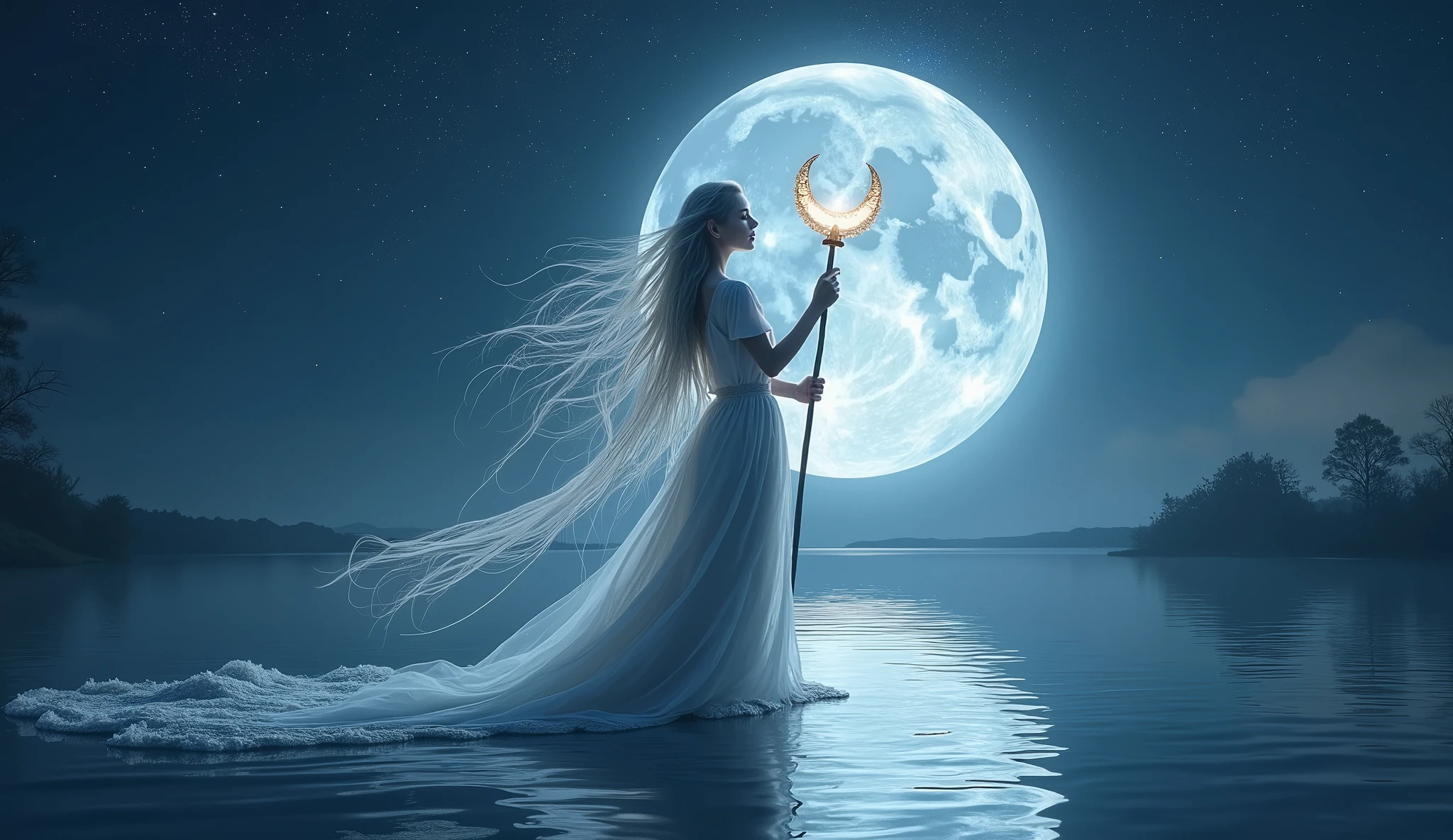 A stunning moon goddess with flowing silver hair that glows softly in the moonlight. She stands gracefully on a serene, moonlit lake, her elegant gown shimmering like the night sky. Her eyes are filled with wisdom and allure, and she holds a glowing crescent-shaped staff that radiates a calming, ethereal light. The scene is tranquil, with gentle waves and a starry sky reflected in the water. Aim for realistic depiction, make sure photos are at highest resolution (8K)