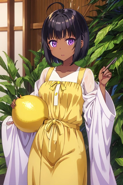 lemon yakishio, short hair, black hair, hair between eyes, ahoge, lemon hair ornament, purple eyes, dark skin
