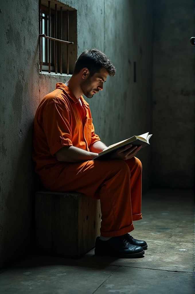 **Subject and Pose:**
- **Subject:** A male figure with a serious expression, sitting in a prison cell.
- **Pose:** The subject is seated on a small bench or stool with elbows resting on their knees, leaning slightly forward, and holding an open book. The head is tilted down, focused on reading.
- **Outfit:** The subject should be dressed in a realistic orange prison jumpsuit, with appropriate shading and wrinkles to enhance realism.

**Environment:**
- **Setting:** The scene takes place in a realistically detailed prison cell.
- **Background:** The background should feature worn, metal prison bars with slight rust or wear for authenticity. The cell should have concrete or metal walls with visible texture, and the floor should be made of concrete with some wear and tear.
- **Lighting:** Use soft, directional lighting from above or behind the subject, creating deep shadows. The lighting should highlight the subject's face and the book, while casting shadows from the bars onto the floor and walls for added realism.

**Color and Mood:**
- **Color Scheme:** Stick to a muted, dark color palette. The orange jumpsuit should contrast against the grays and blacks of the cell but remain realistic, not overly saturated. Add subtle details like reflections or a slight grittiness to the scene.
- **Mood:** The mood should be somber, with a sense of isolation. Emphasize realism by adding small details like scuff marks on the floor, a slight texture on the walls, and realistic 