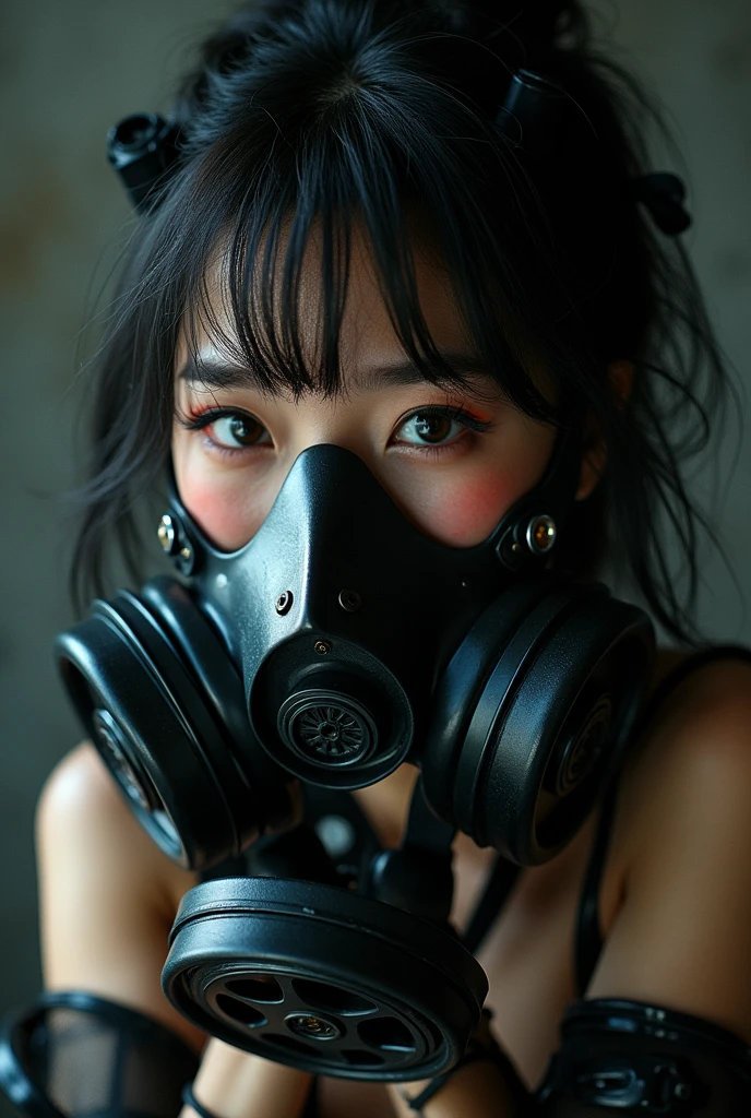 NFSW, photo-realistic, ultra-realistic, very beautiful Japanese, famous Japanese idol, 25 years old, She is restrained, latex BDSM, Vulgar, painful expressions, dramatic scene, masterpiece, beautiful eyes, full-face gas mask, (She is trying to remove the mask but can't:1.5), crying