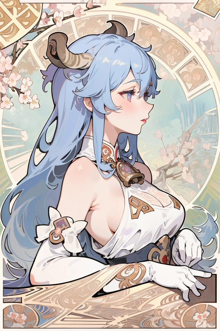 White skin, (Fox ears), Exquisite eyes,Red Eyeshadow, Red lips,Fake laugh, Ukiyo-e, masterpiece, ((high quality)), shirtlift, at the lowest limit, Tiny,White boots，Huge breasts，Bare shoulders，，Lace，Lace stockings，Lace skirt, Art Nouveau Style, poster in a theater, (((art by alphonse mucha))), upper body, blush, profile ,(masterpiece, finely detailed beautiful eyes: 1.2), 1girl, solo, beautiful, small details, ultra detailed, best quality, intricate, sharp, digital illustration, detailed, ((cherry blossoms)), ganyu \(genshin impact\), 1girl, ahoge, bangs, bare shoulders, bell, black gloves, ((light blue hair)), blush, breasts, chinese knot, detached sleeves, flower knot, gloves, (red ram horns), long hair, medium breasts, neck bell, night, outdoors, purple eyes, sidelocks, solo, tassel, white sleeves, ((masterpiece)), curly hair