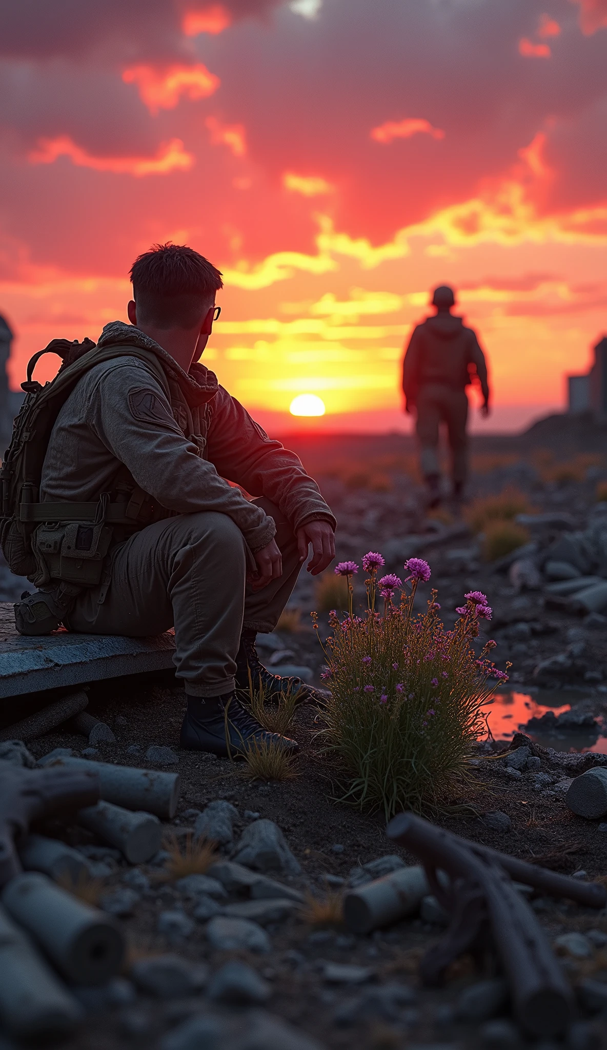 scenery with sunset and war debris