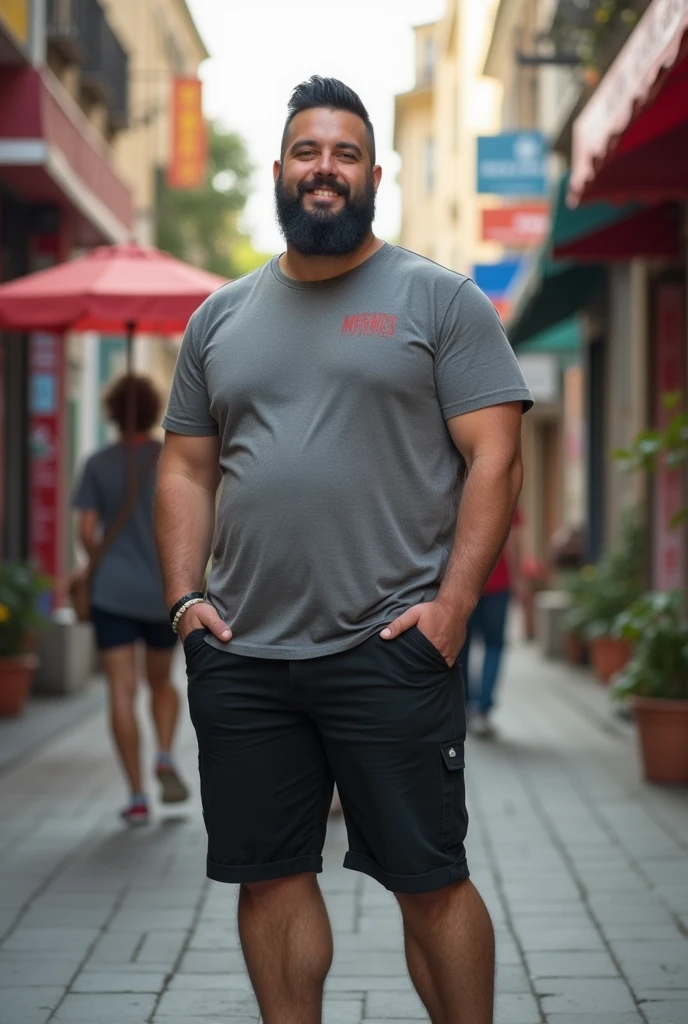 A man in his thirties with a good 3-day beard and short black brush hair.. Il est petit et bien en chair. Un gros nounours tout gentil. Il porte un short noir, safety shoes and a gray t-shirt. Bigger. shorter hair