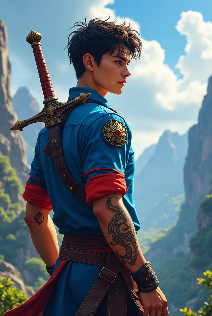 Create a male character, de 18 anos, with marro decal, shirt blue, with red sleeves, with a sword in the back