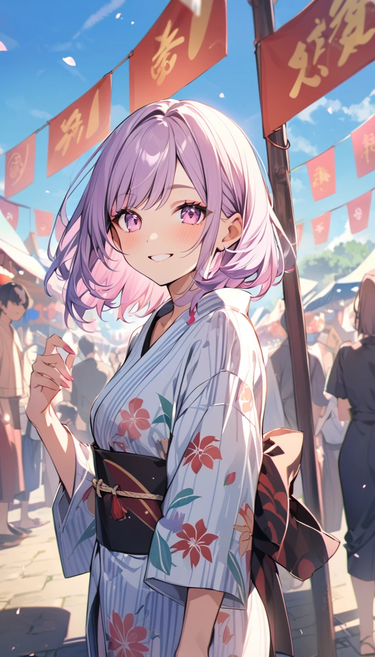 good looking, alone, 1 female, Medium Hair, light purple hair, Pink highlights on the tip, Pale pink eyes,Smile Facial,yukata,blue sky,festival