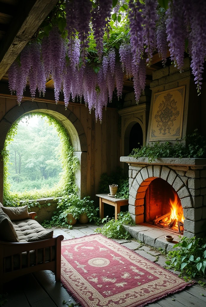 Photo of the interior of a deserted elven cottage's living room. Perspective shot. Wisteria from floor to ceiling. With old round stone fireplace lit at the back. Style hobbit
