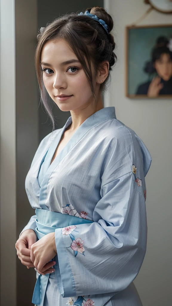 Anime character, half body only, upper body only, half body portrait, posing like a model, good looking, beautiful, full of details, aesthetic, hd, masterpiece art, amazing work. Solo, young girl, hair in bun, one bun, just one bun, flower accessories in bun, bluish gray colored hair, Lady, blue eyes, smile, elegant look, elegant carrying, white Japanese kimono, blue decoration, Lily flower theme, eyes facing camera, there are no hands to hinder the appearance, simple background.